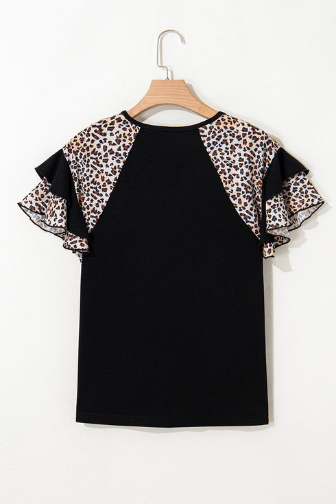 Black Leopard Print Patchwork Ruffled Sleeve V Neck T Shirt